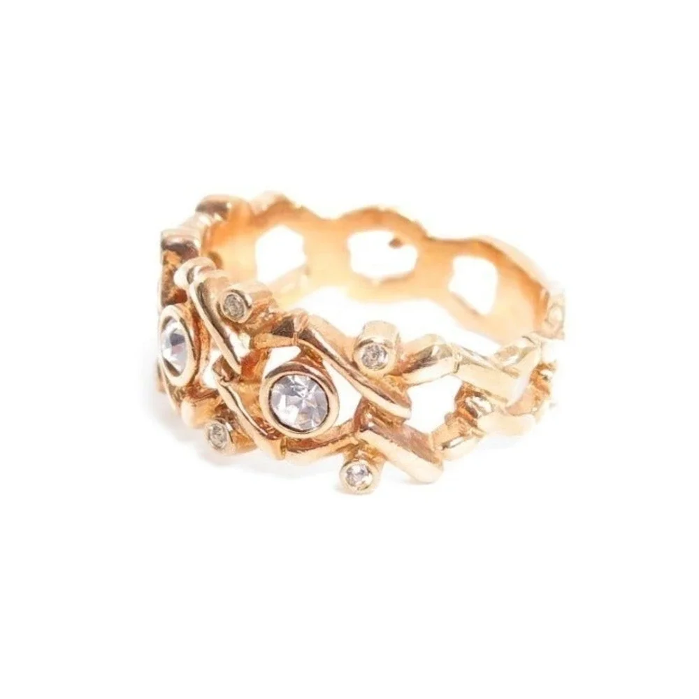 Vintage old stock wide gold plated ornate clear rhinestone ring‎ ESPO